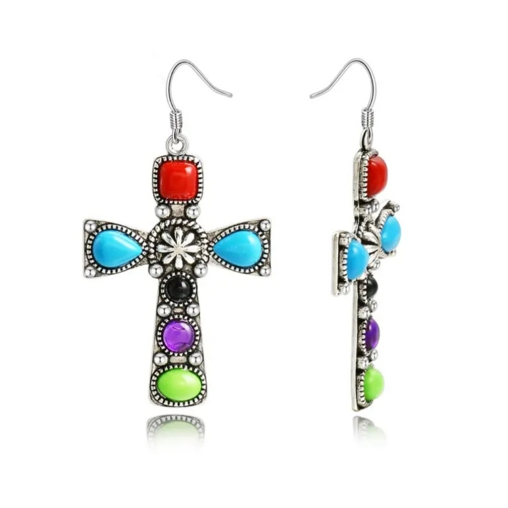 Gorgeous Boho Cross dangle earrings Stunning Stone Embellishments - Picture 2 of 5